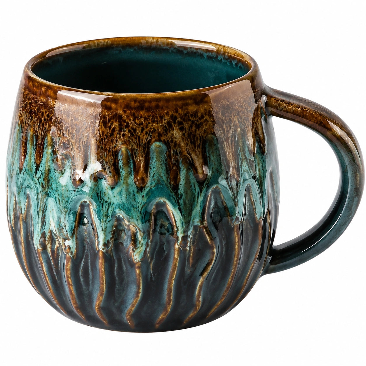 Handgefertigter Keramikbecher Blau/Braun, bauchig mit Griff
