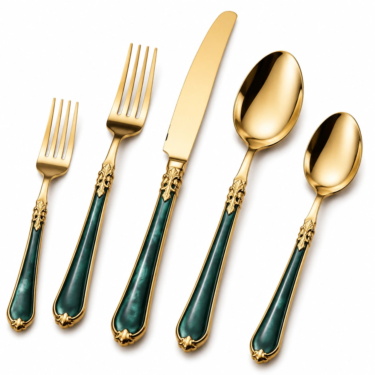 Luxuriöses 5-teiliges Besteckset in Gold mit Smaragdgriff