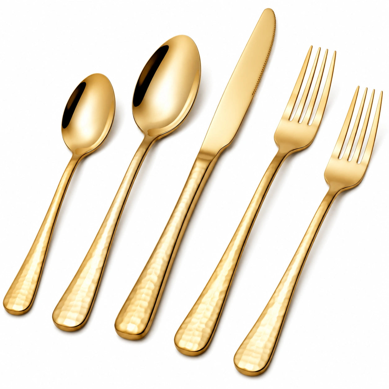 Goldfarbenes Besteckset 5-teilig mit Hammerschlag-Design