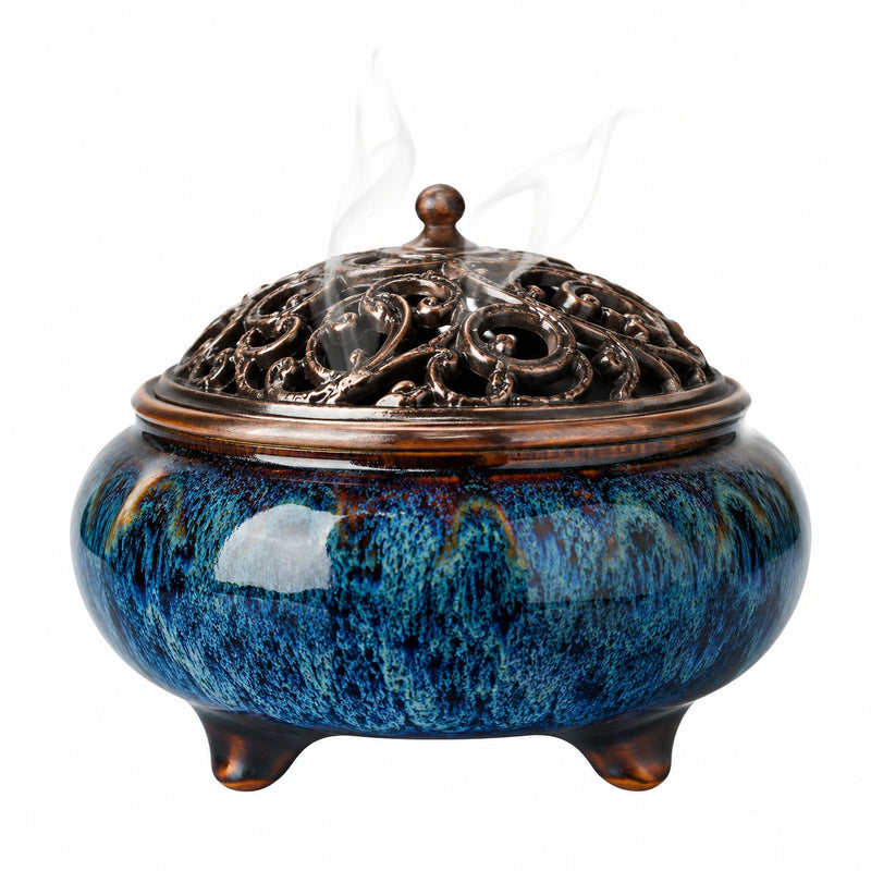 Elegantes Blaues Keramik-Räuchergefäß mit Bronzenen Metallverzierungen