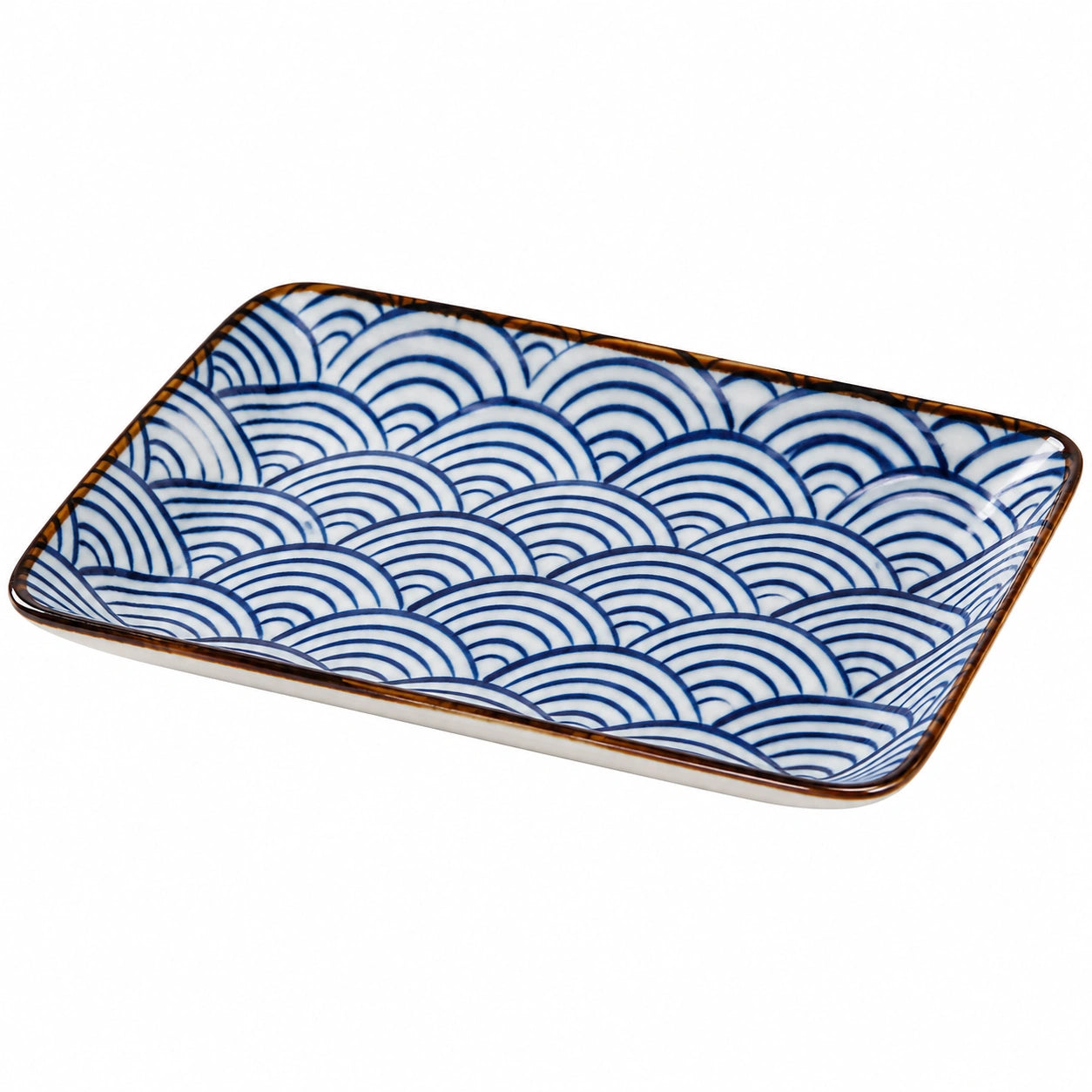 Rechteckige Keramikplatte Blau-Weiße Wellenmuster 20x15cm