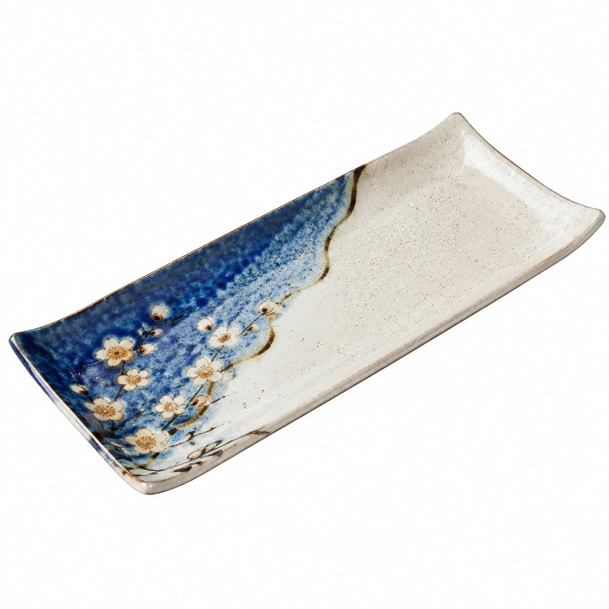 Rechteckige Keramikplatte mit Blumenmuster, Blau-Weiß