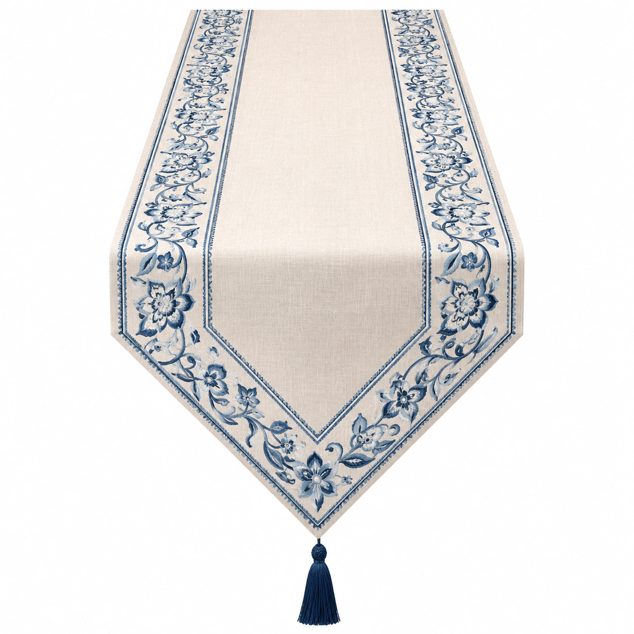 Eleganter Tischläufer mit Floralem Motiv und Quasten in Blau/Beige