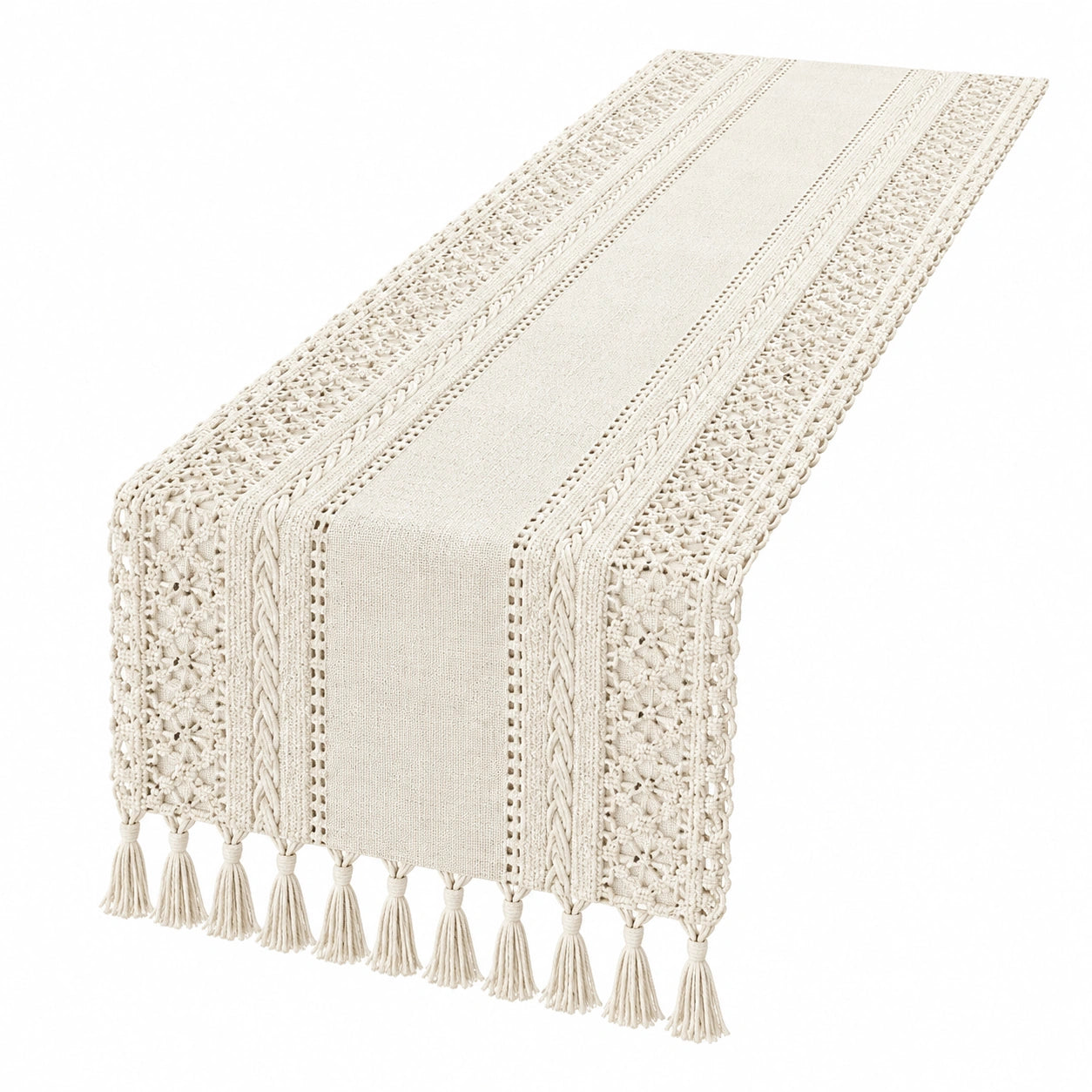 Makramee Tischläufer Beige mit Quasten 180x35 cm