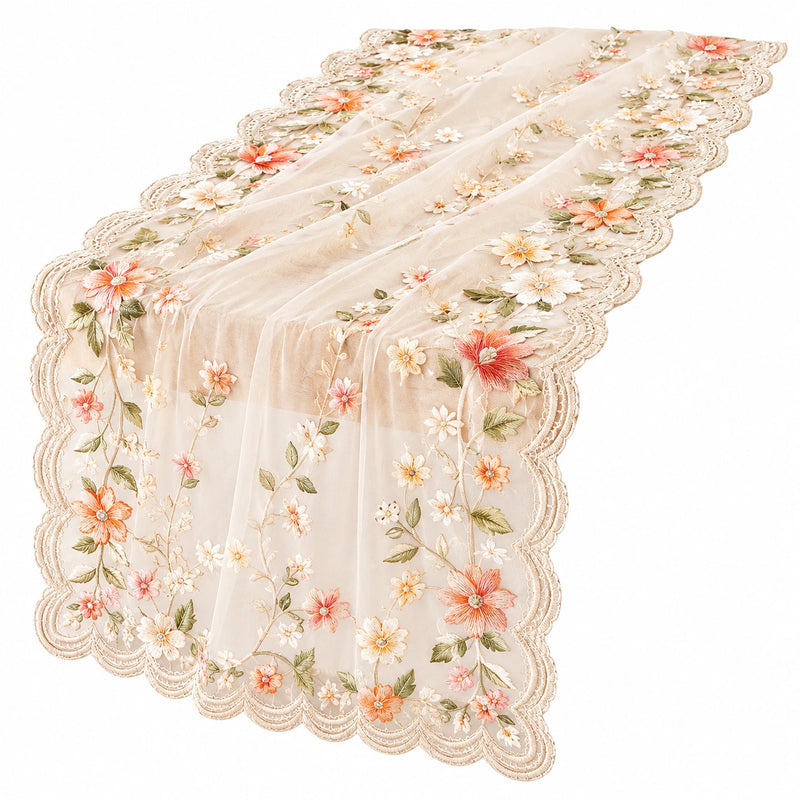 Bestickter Tischläufer mit Blumenmuster und Spitze Beige 180x40cm